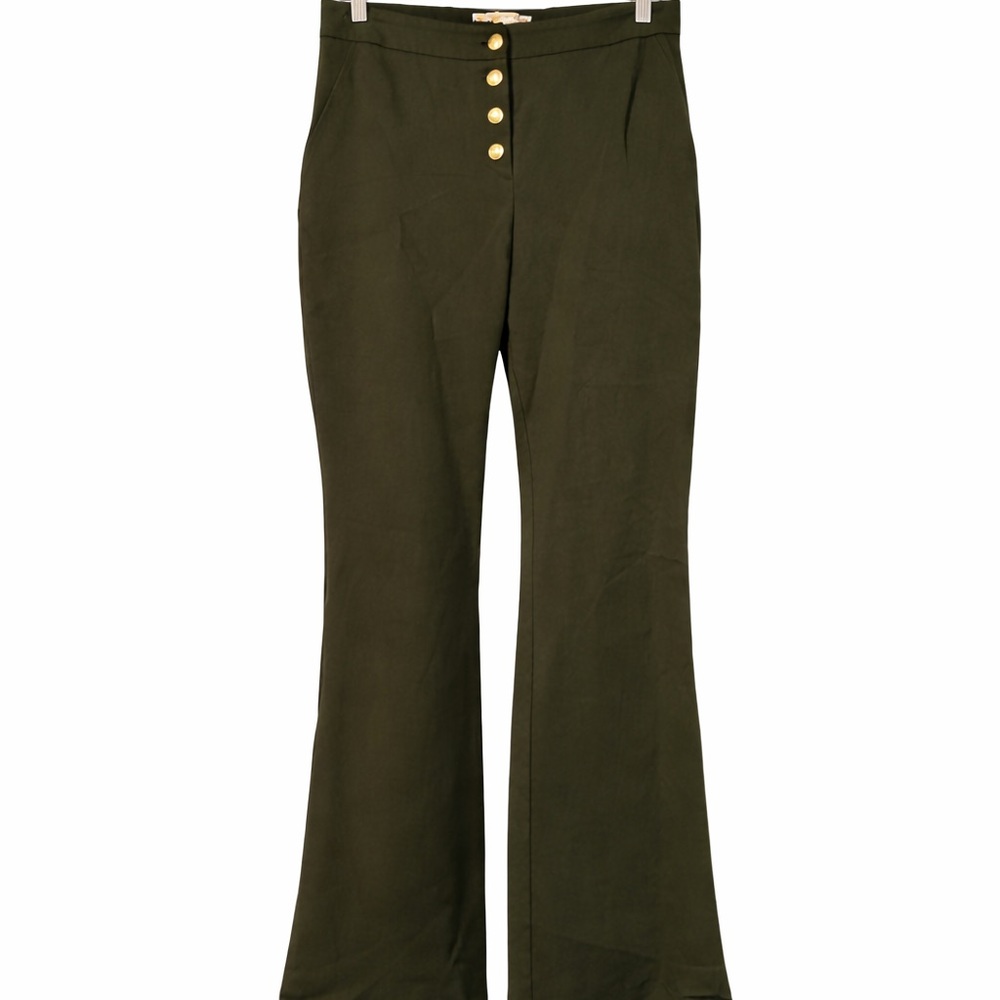 Michael by Michael Kors Olive Flare Trousers with Gold Button Front
